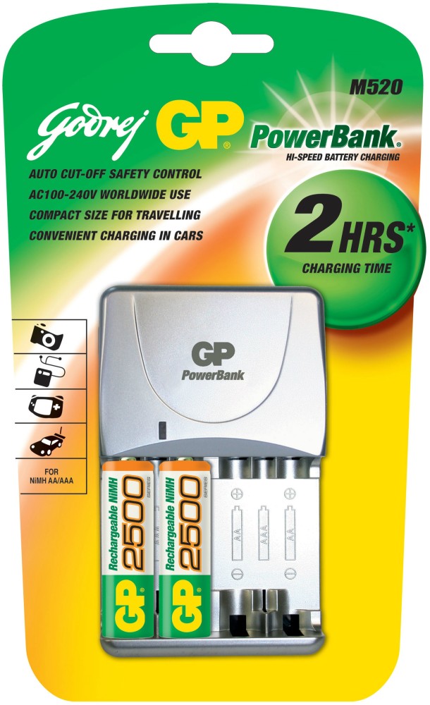 Godrej GP Powerbank M 520 (with 2 Pcs GP 2500 mAh AA batteries) Camera  Battery Charger - Godrej GP 