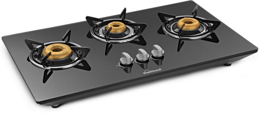 sunflame gas stove 3 burner glass top automatic