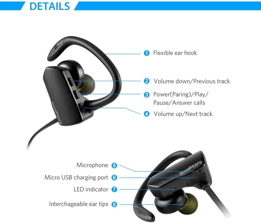 SoundPEATS Q9A Wireless Bluetooth Sweatproof Secure Fit Earbuds