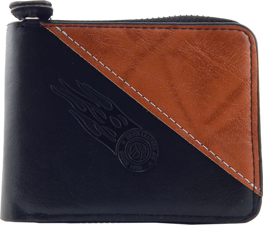 Bovis Men Black Tan Genuine Leather Fabric Wallet Black Tan