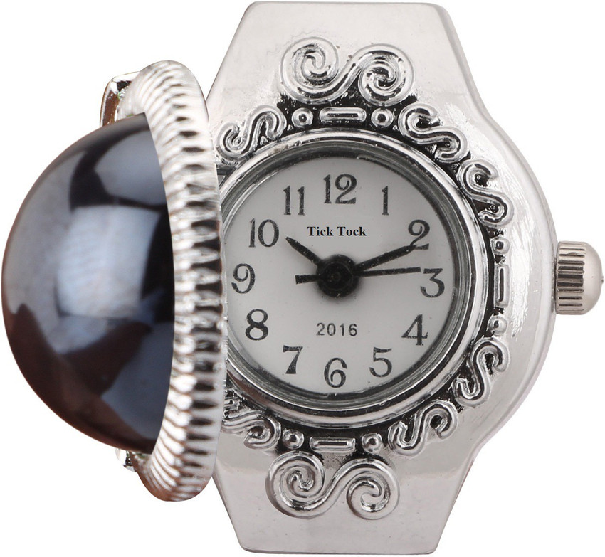 Tick Tock Black Round Stone Design Ring Watch Metal Silver Plated Ring
