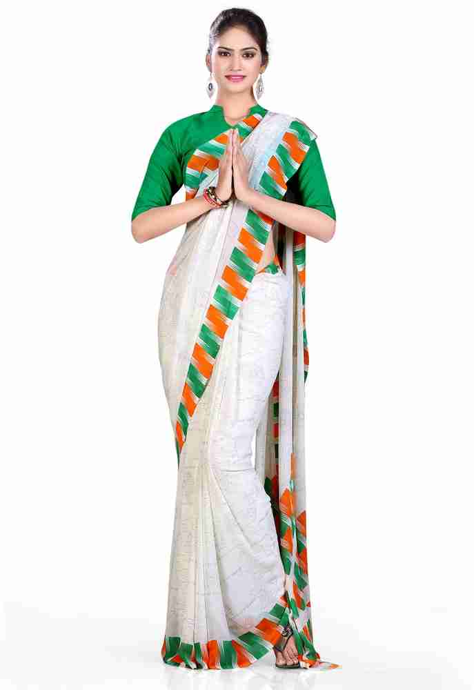 Buy Uniform Sarees Corp Printed Daily Wear Georgette Green Orange Sarees Online Best Price In India Flipkart