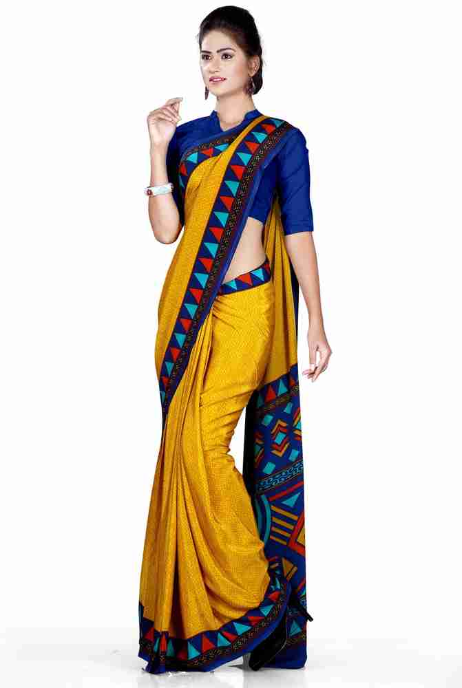 Buy Uniform Sarees Corp Printed Daily Wear Crepe Mustard Sarees Online Best Price In India Flipkart