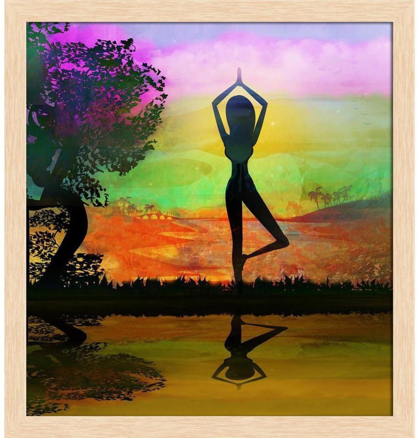 SpecialArt Yoga Canvas Wall Art Painting of Silhouette Young Woman  Practicing Yoga on The Beach at Sunset Picture 12inch x 12inch x 4 Panels