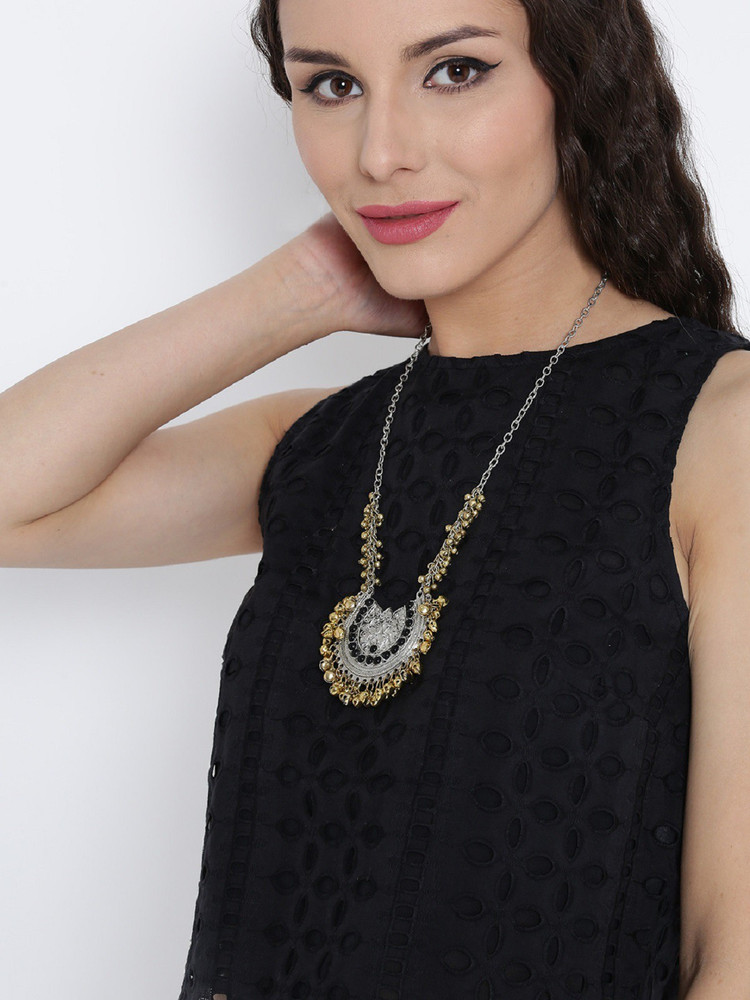 Infuzze Infuzze Oxidised Silver Gold Toned Ghungroo Matinee Necklace Metal Necklace Price in India Buy Infuzze Infuzze Oxidised Silver Gold Toned Ghungroo Matinee Necklace Metal Necklace Online at Bes...