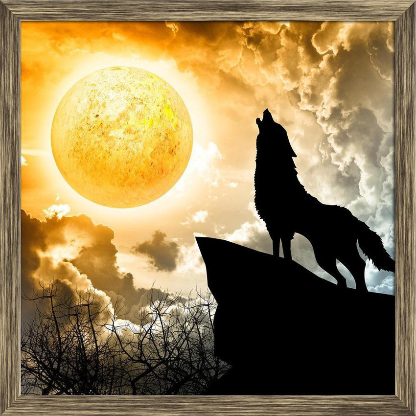 Artzfolio Wolf Howling To The Full Moon Framed Wall Art Painting