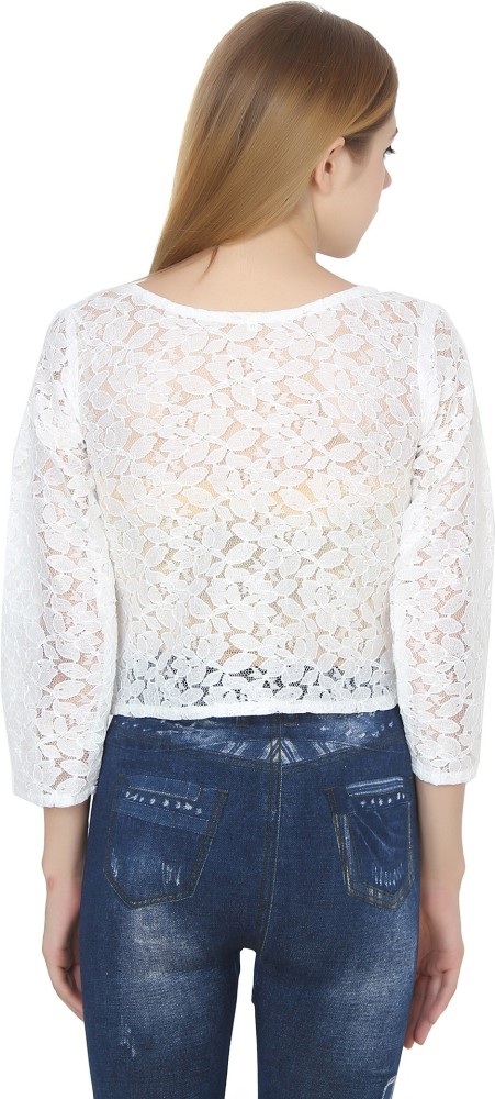 Casual Regular Sleeves Lace Women White Top