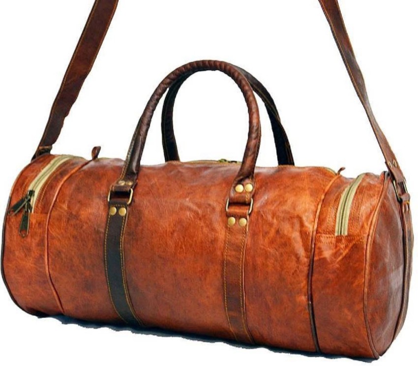 Vintage Brown Plain Round Duffle Leather Tavel Bag For Travel