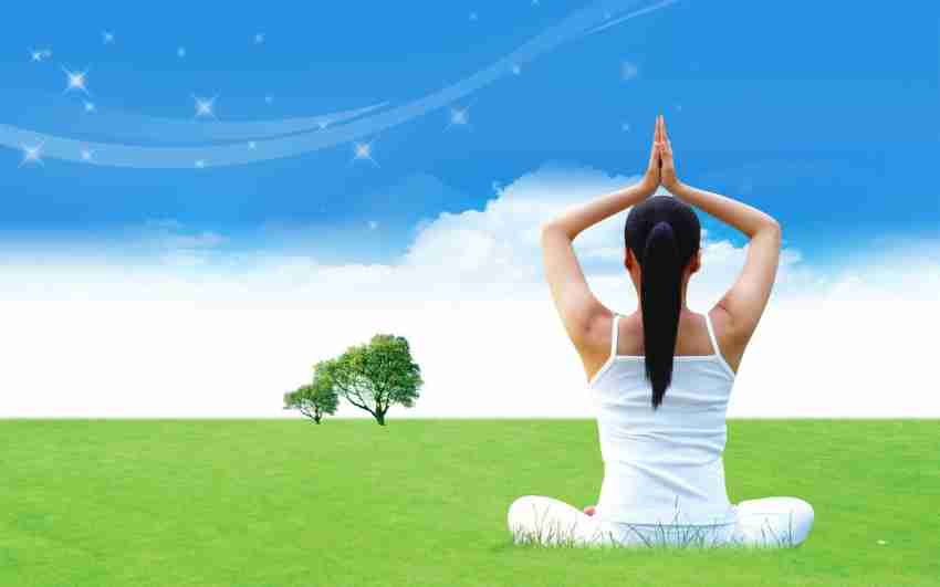 Yoga Meditation Silhouettes On Green Landscape, Vector Background