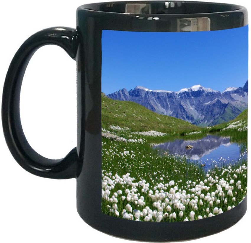 Arkist white mountain flowers wallpaper Black Ceramic Coffee Mug