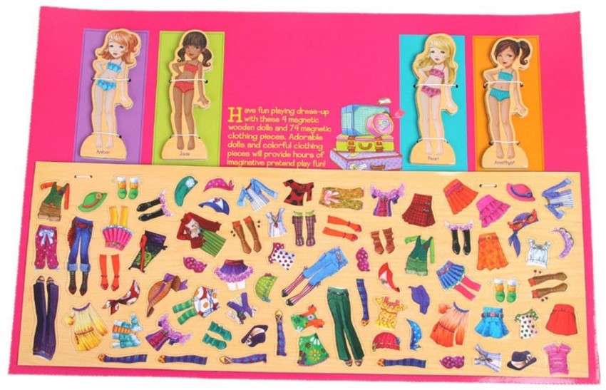 Wooden Dress-Up Magnetic Doll Clothes Kids Girls Pretend Play Set with  Accessories(4 Dolls + 63 Clothing pcs)
