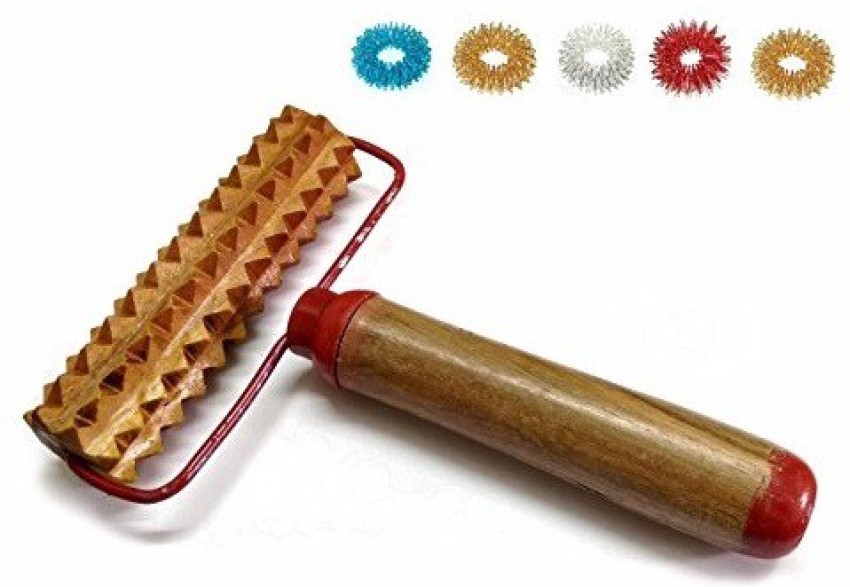 ACUPRESSURE Acupressure Pyramidal Energy Mega Wooden Hand Roller Body  Massager with Handle + 5pcs Sujok Finger Rings Mega Wooden Roller Massager  - ACUPRESSURE 