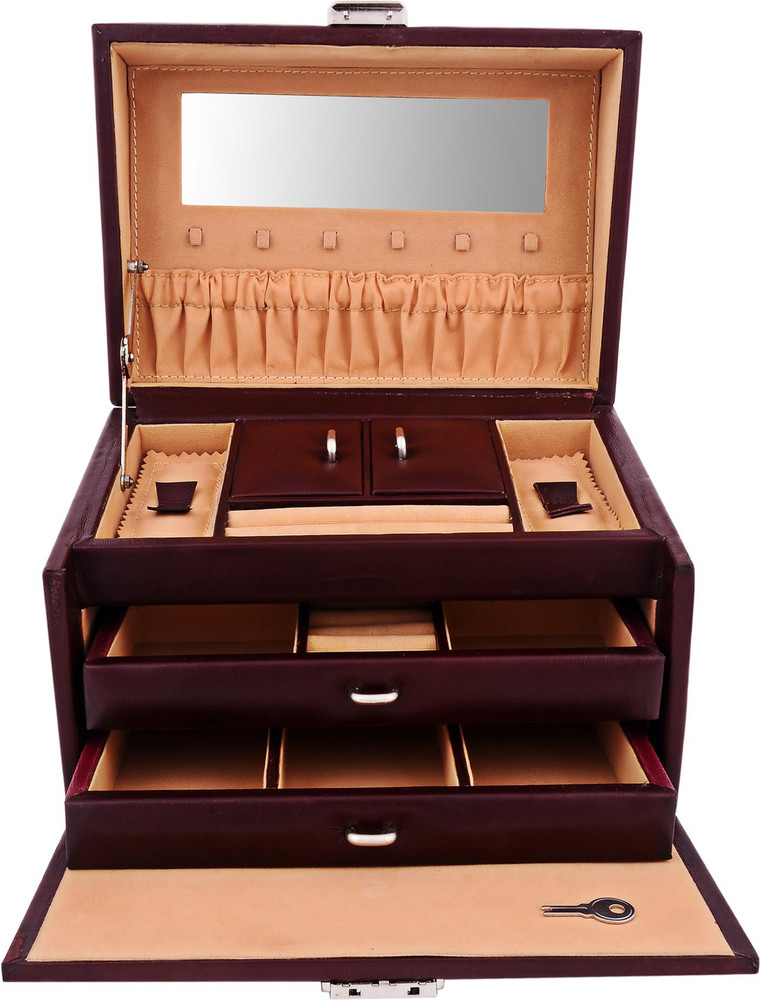 ZINT PURE LEATHER BROWN MULTI COMPARTMENT JEWELRY BOX KEY LOCK