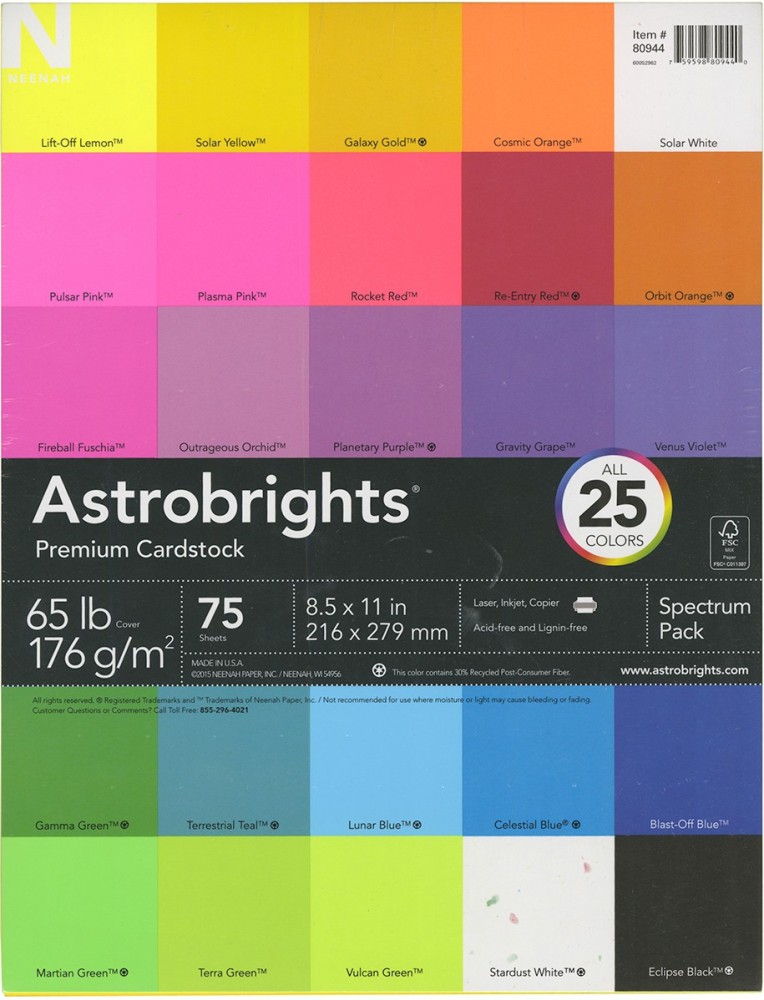 Neenah Astrobrights Premium Color Card Stock 65 LB 8.5 X 11 Inches
