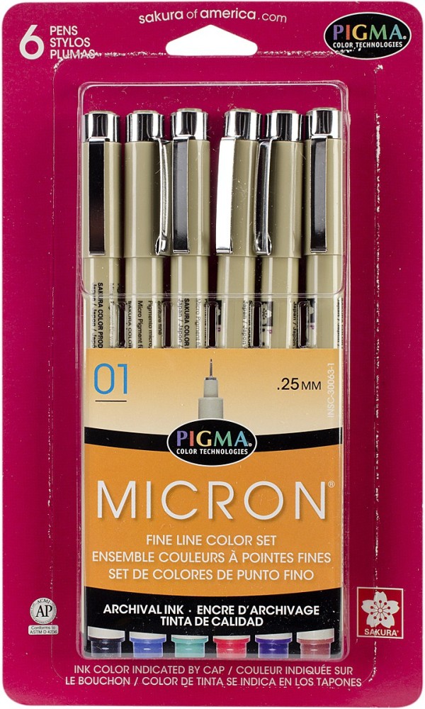 SAKURA Pigma Micron Pens 01 .25Mm 6/Pkg-Black, Blue, Green, Red