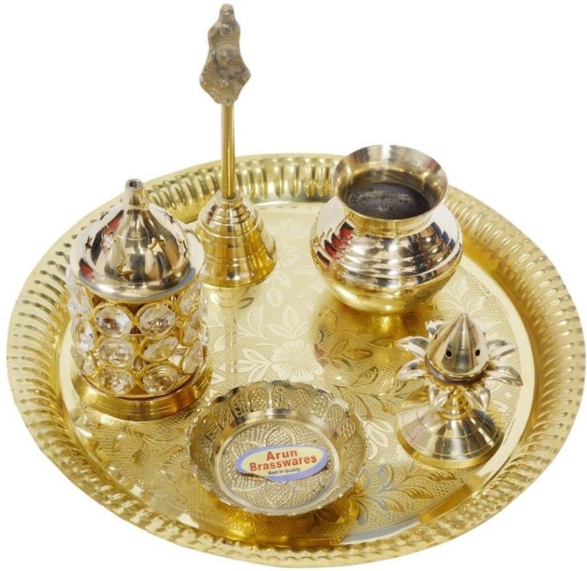 Brass Pooja Set of 9 Pcs Plate Bell Incense Holder Panchamrat