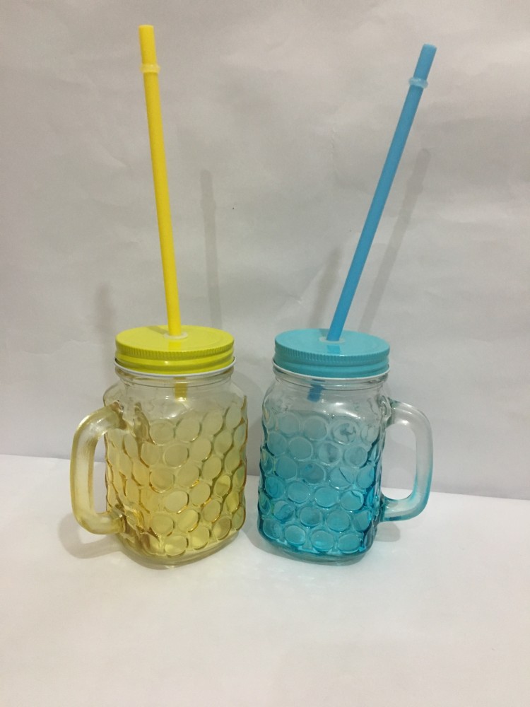 B2Y Combo 500ML Mason Glass Jar With Straw 2Pcs Yellow Blue