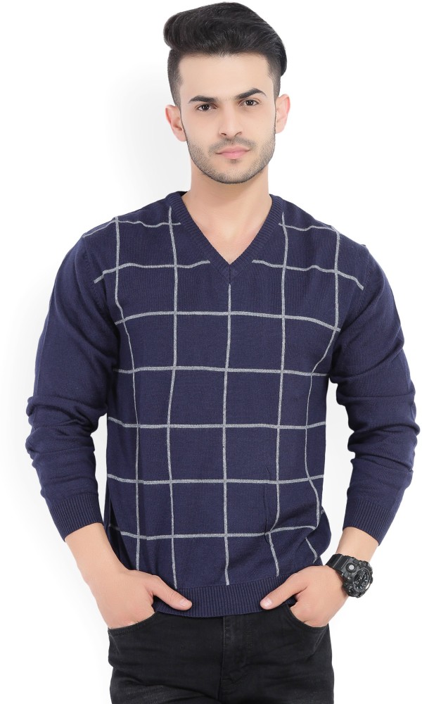 WILLS LIFESTYLE Checkered V neck Casual Men Dark Blue Sweater