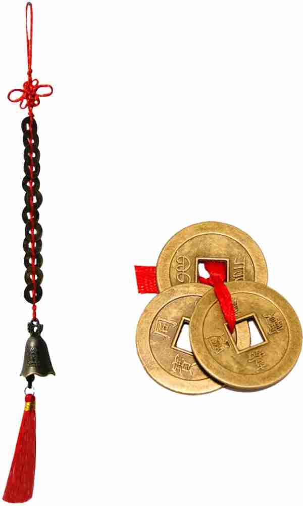 Divya Mantra Feng Shui Three Lucky Chinese Coins with Red Ribbon