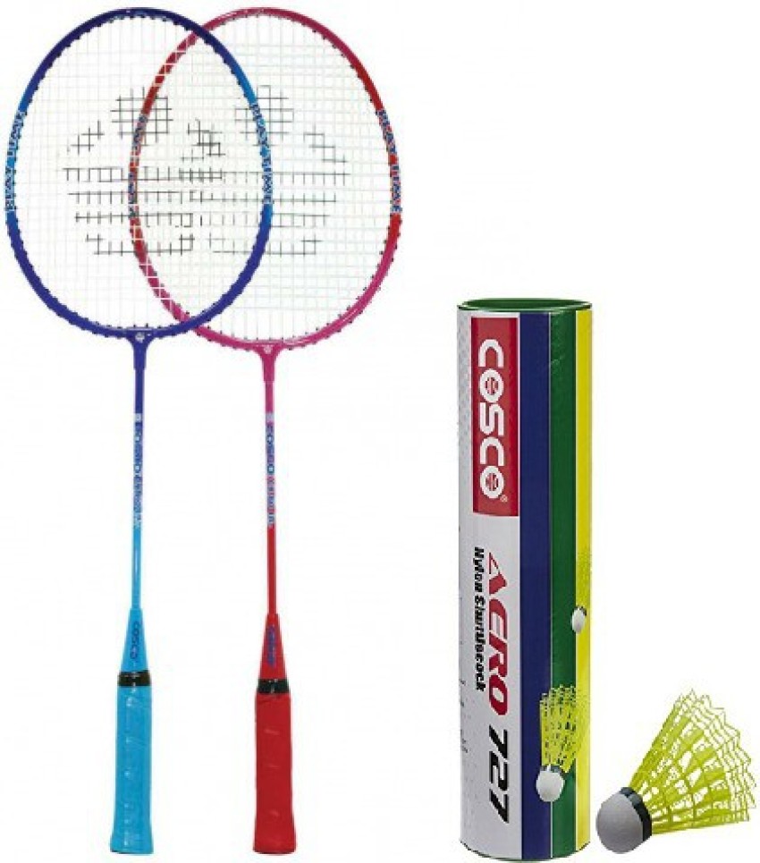 COSCO Combo of Three, Two Cb 80  Badminton Racquet (Cover Orange/ Blue) and one Box of Aero 727 Nylon Shuttlecock (Pack of 6) (Color On Availability) - Badminton Kit