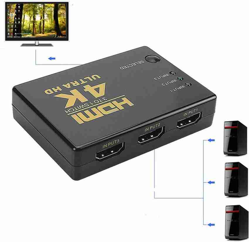 LipiWorld TV out Cable 4K Ultra HD 3D 3 Port HDMI Splitter Switch Hub HDTV Video with Remote Control