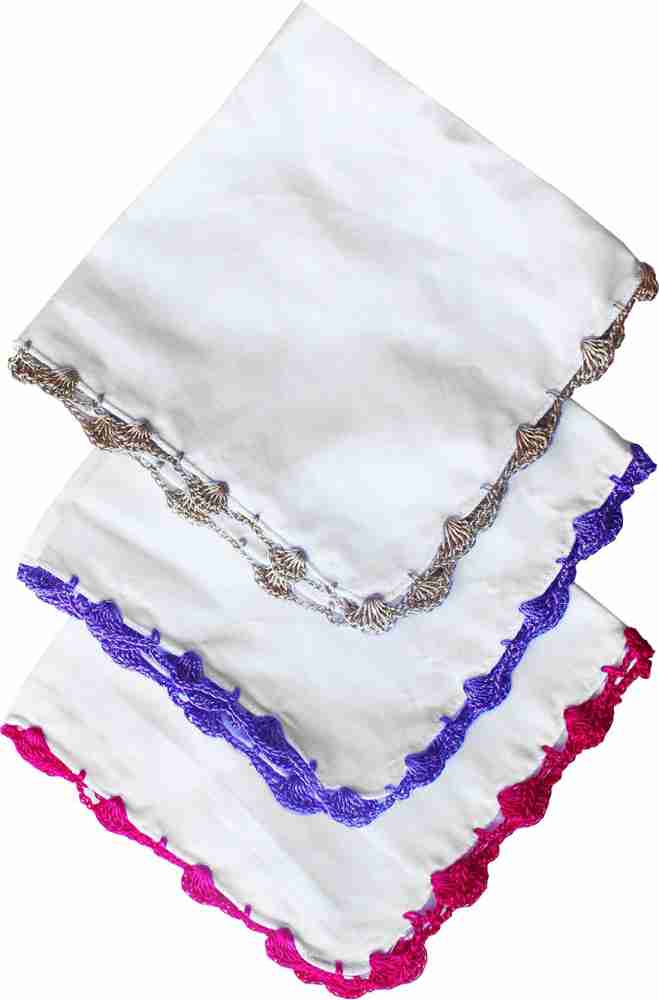 Mizaan Collections Presents Ladies Designer Cotton Handkerchiefs (Full  Size) With Crochet Work on Border, Pack of 4.