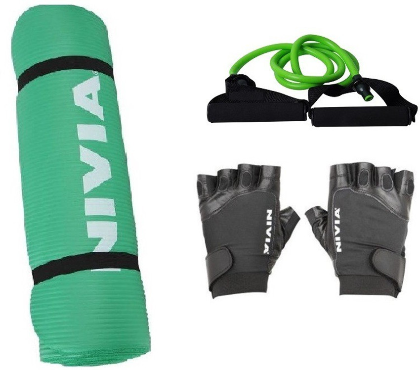 NIVIA Combo of Three One Yoga Mat Green 180 Cm One Toning Tube And One Pair of Venon Gym Gloves Size S M L Color On Availability Fitness Accessory Kit Kit