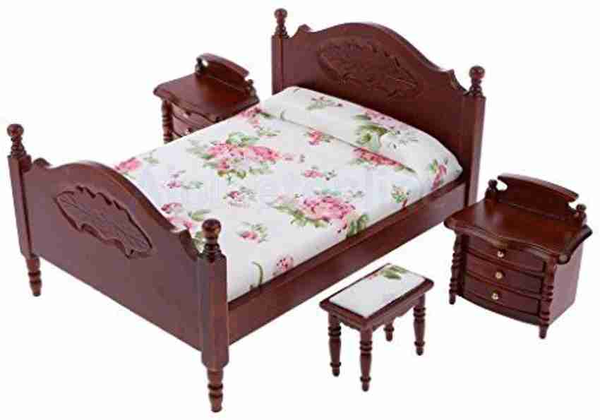 Alpinetopline Dollhouse Miniature Wooden Bed Floral Mattress