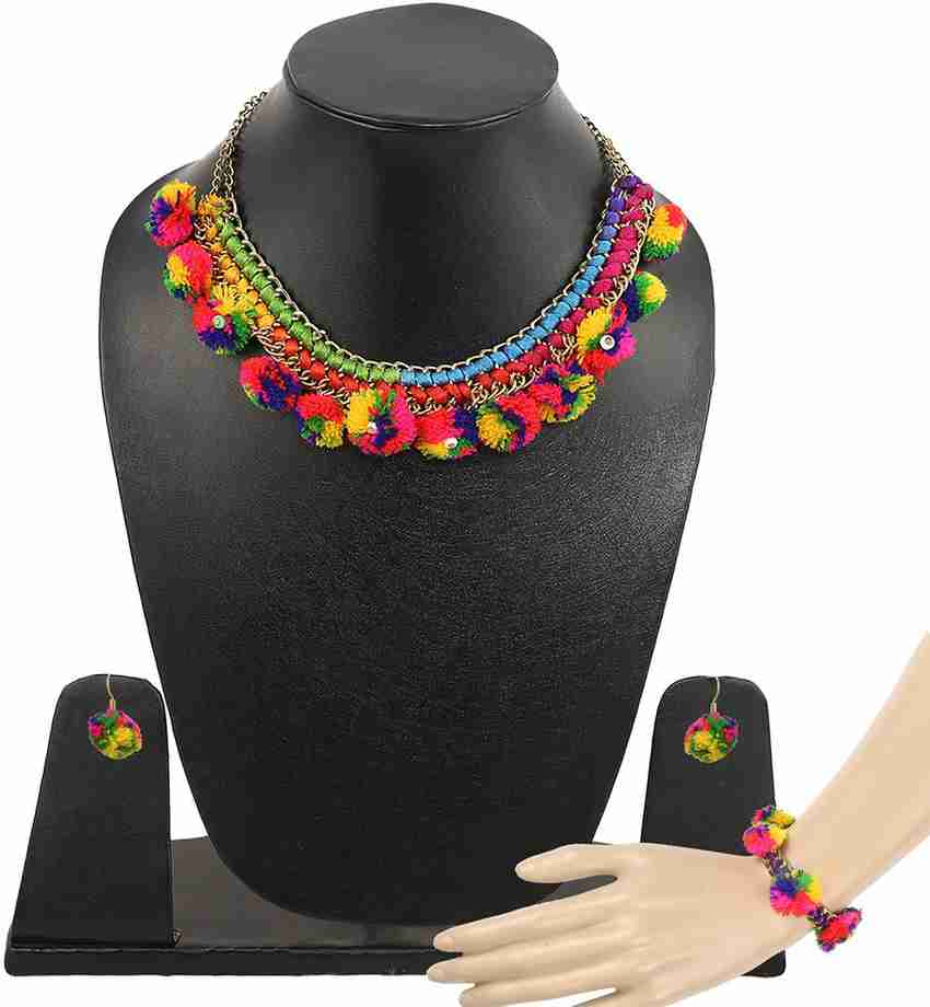 The Indian Handicraft Store Round Multi Colour Pom Pom Necklace Bracelet Earring Set Metal Necklace Set Price in India Buy The Indian Handicraft Store Round Multi Colour Pom Pom Necklace Bracelet