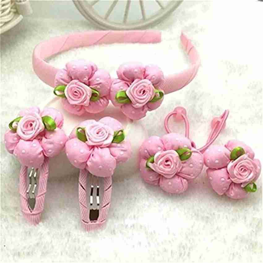 Ziory Baby Pink 7Pcs Set Cute Rose Flower Hair bands Hair clips