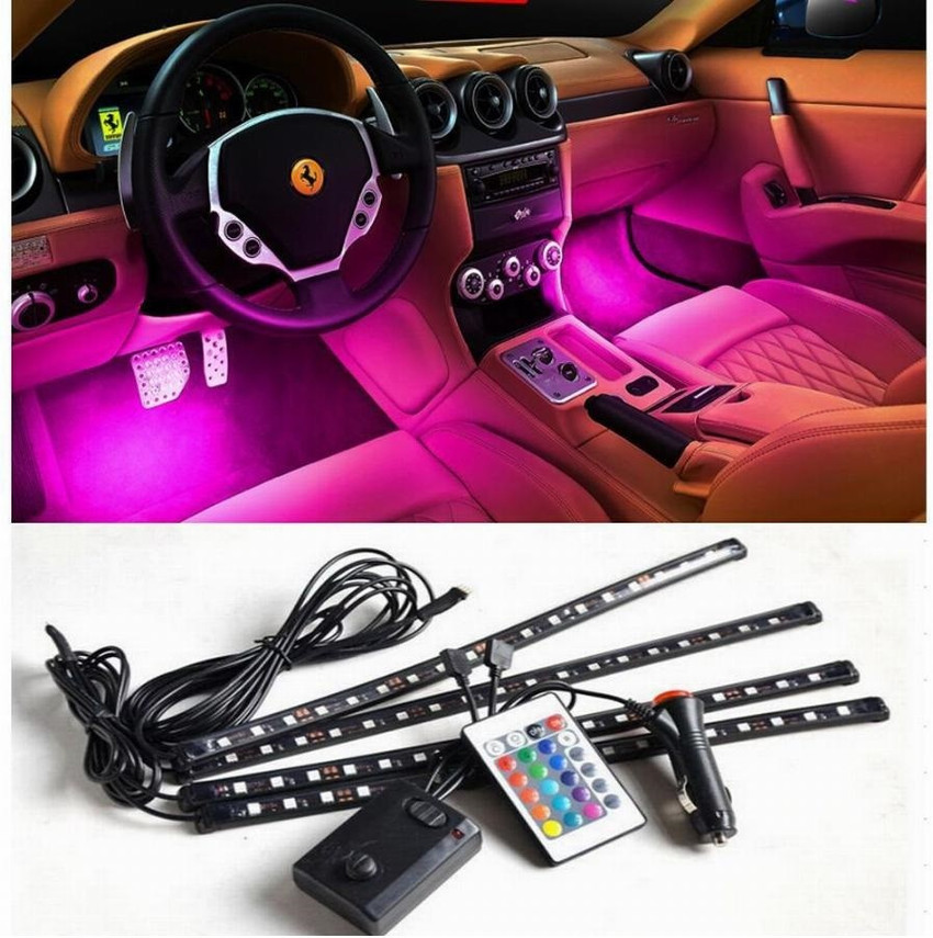 Rally R000246 4x 9 LED for RGB Car Interior Decorative Light Floor  Atmosphere Strip Light Car Under Dash Interior LED Lighting Kit with Sounds  Activated Wireless IR Remote Control 6W Multicolour 