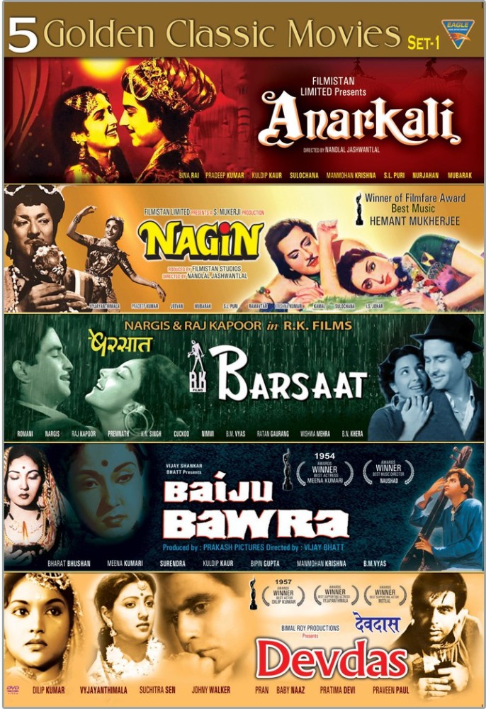 5 Golden Classic Movies Set 1 Anarkali Nagin Barsaat Baiju