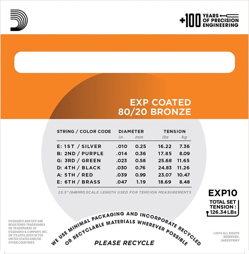 D ADDARIO Acoustic EXP10 Coated Acoustic Guitar Strings 80 20 Extra Light 10 47 BY CHENNAI MUSICALS Guitar String