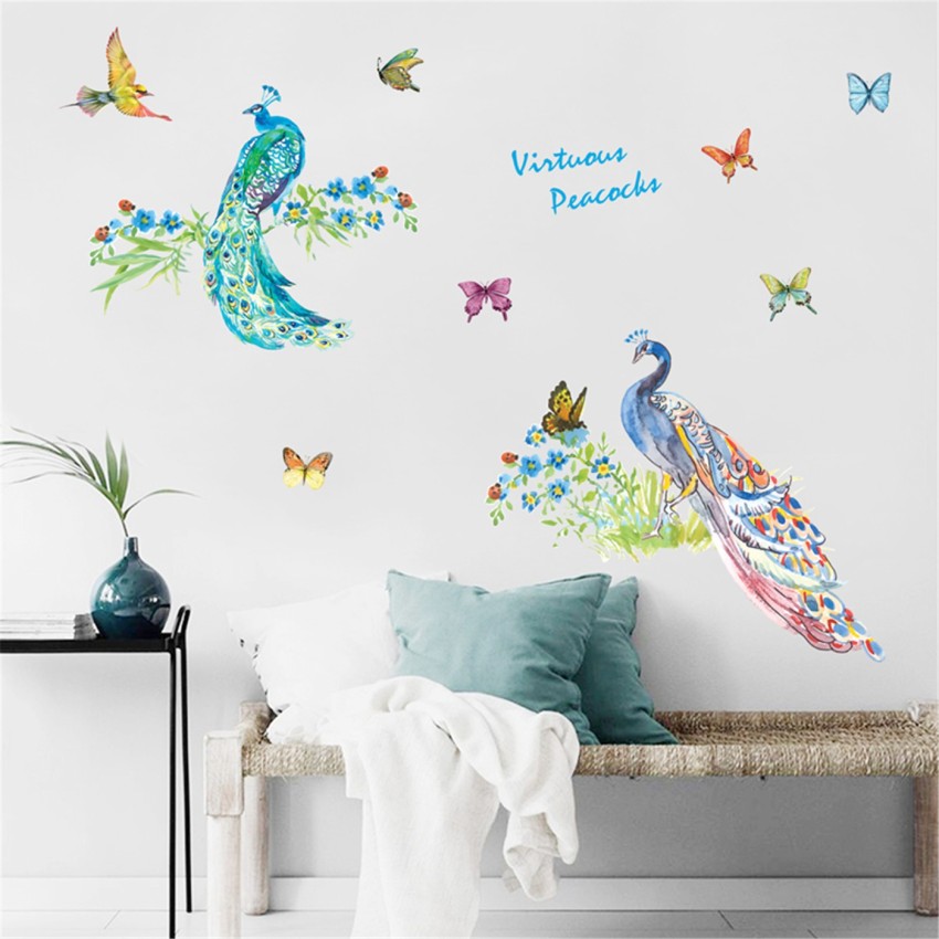 Ampire 160 cm Wall Stickers Virtuous Peacocks With Butterflies and Birds  Decor for Living Room Self Adhesive Sticker