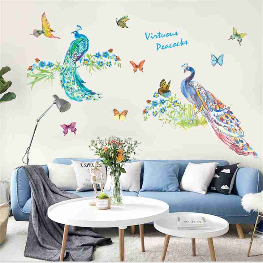 Ampire 160 cm Wall Stickers Virtuous Peacocks With Butterflies and Birds  Decor for Living Room Self Adhesive Sticker