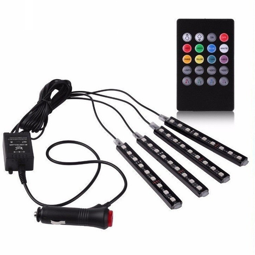 Andride 4x 9 LED Remote Control Multi Colour RGB Car Interior Floor Atmosphere Strip Light Car Under Dash Interior LED Lighting Kit with Sounds Activated Wireless IR Remote Control Car Fancy Lights Pr...