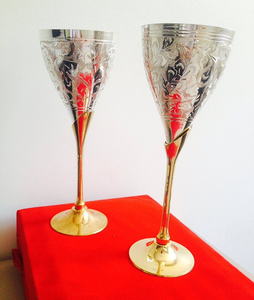 Collectible India Royal Silver Gold Plated Flute Wine Glass Set