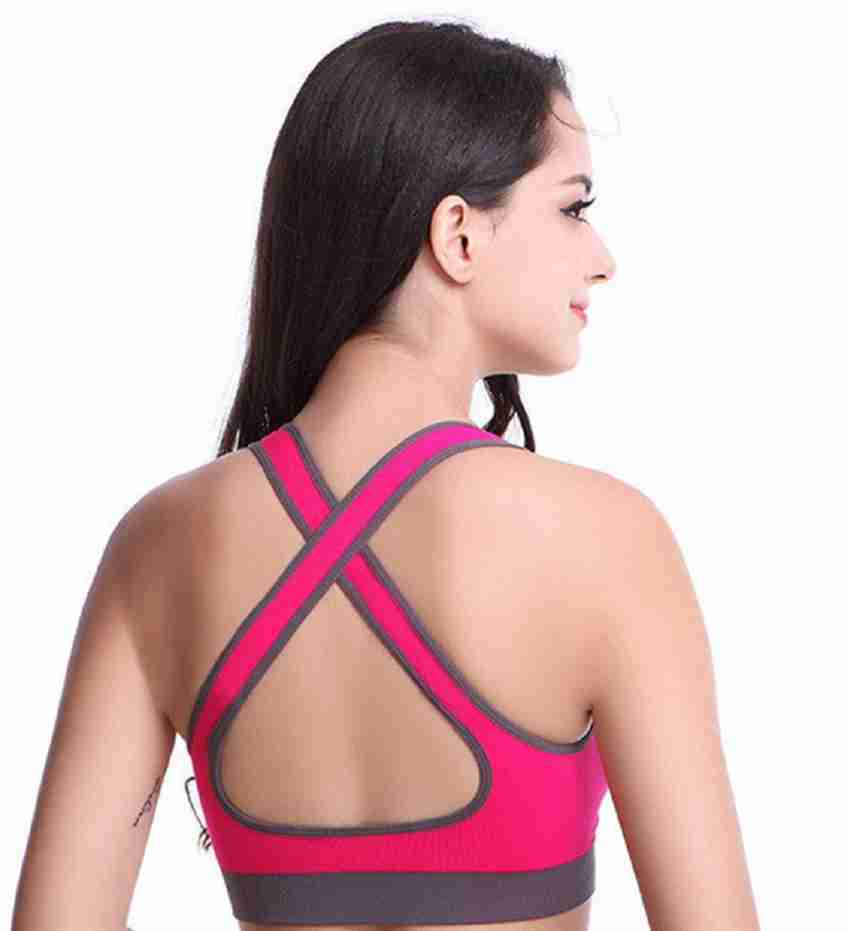 Womens Strappy Sports Bras Fitness Workout Padded Yoga Bra Criss Cross Back  Puff Pink Small