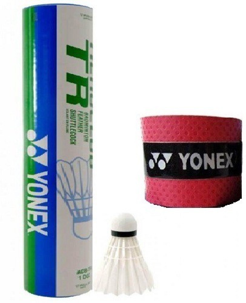 YONEX Combo of Two, Aeroclub TR feather shuttle cock (Pack of 12) and one Badminton Grip Badminton Kit