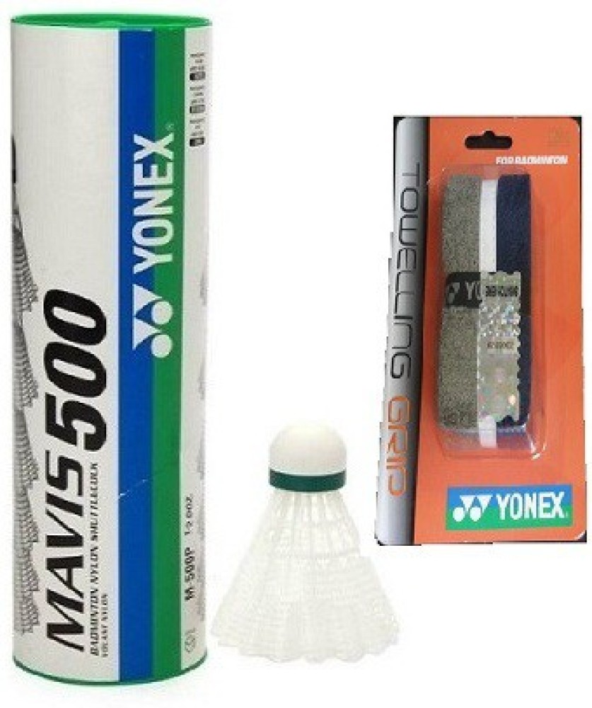 YONEX Combo of two- One Mavis 500 Nylon Shuttle cock (Pack of 6) and One Ac 0 2TT Badminton Grip (Color On Availability)- Badminton Kit