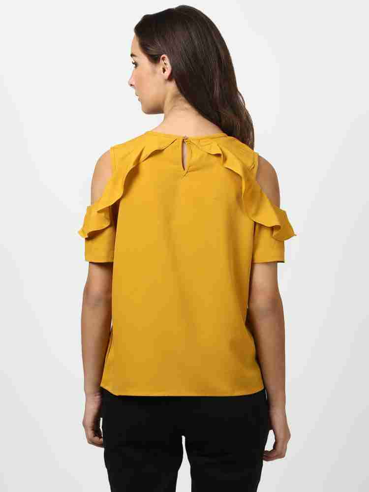 Mustard yellow store cold shoulder top