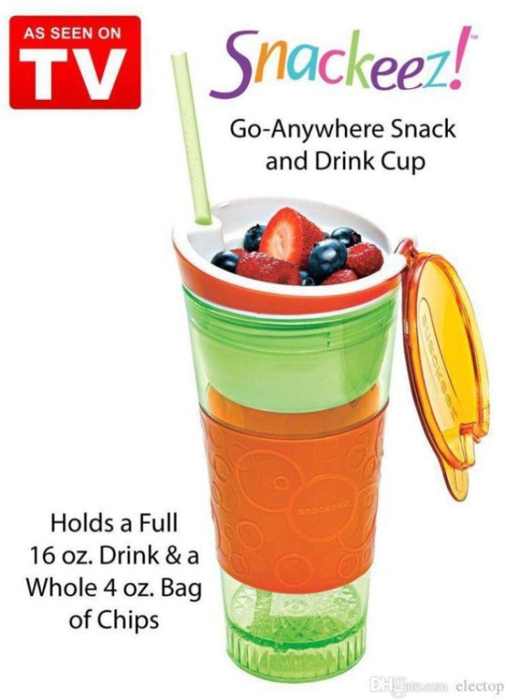 Snackeez 2 In 1 Drink & Snack Cup As Seen On TV Green & Orange No Straw
