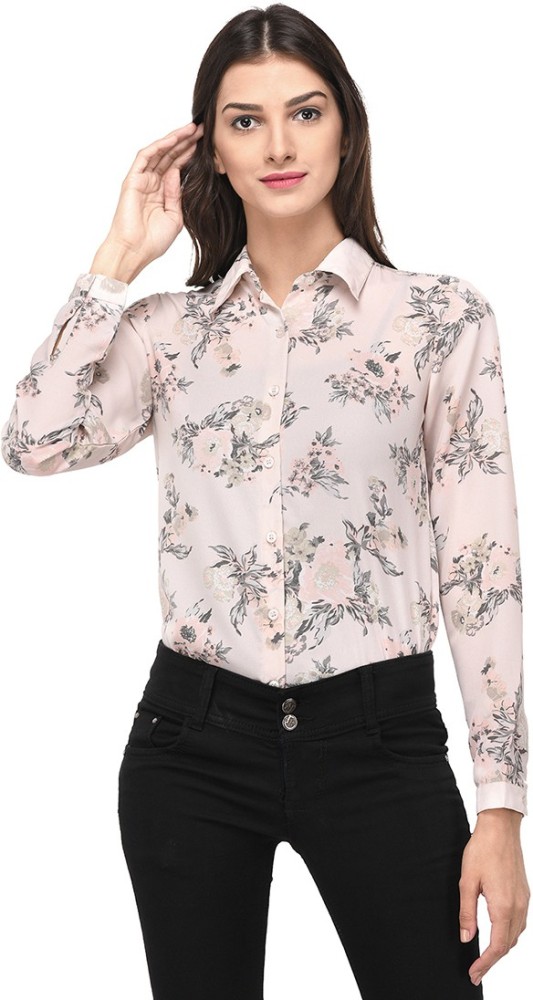 Buy PURYS Women Beige & Pink Semi Transparent Floral Printed Shirt