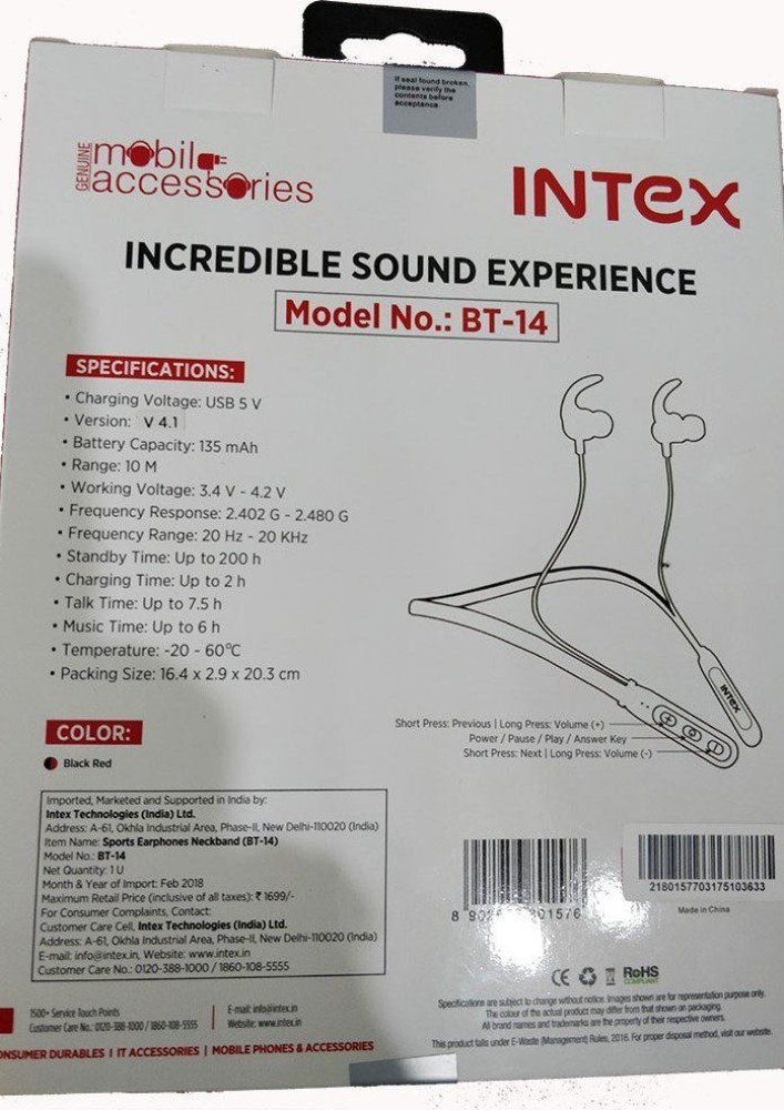 Intex BT 14 Bluetooth Headset Price in India Buy Intex BT 14