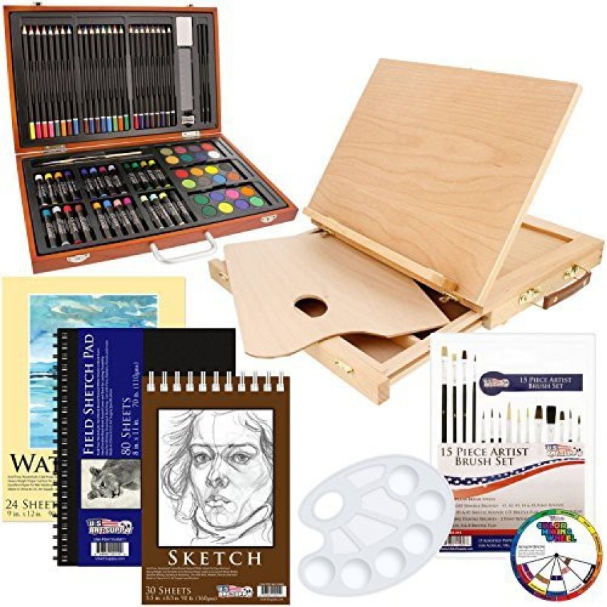 US Art Supply 82-Piece Deluxe Artist Studio Creativity Set Wood Box Case -  Art Painting, Sketching Drawing Set, 24 Watercolor Paint Colors, 24 Oil