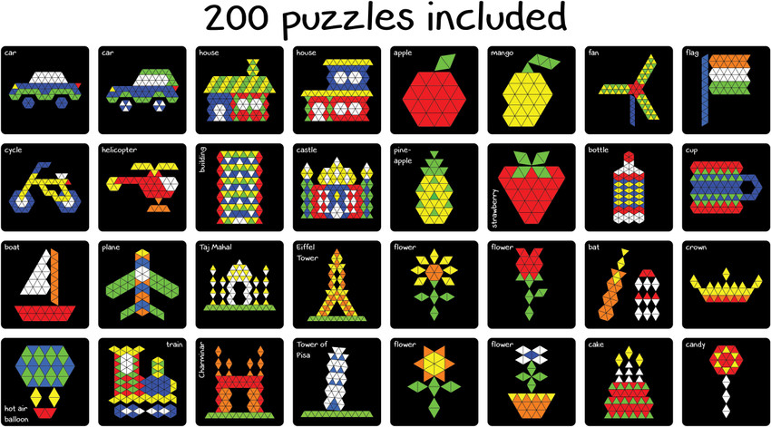 PLAY PANDA Magnetic Puzzles Triangles with 400 colorful magnets 200 puzzle book Magnetic board and Display stand
