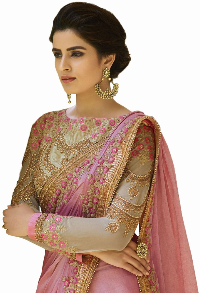 Buy NIRJAS Designer Embroidered Bollywood Satin Gold, Pink Sarees Online @  Best Price In India | Flipkart.com
