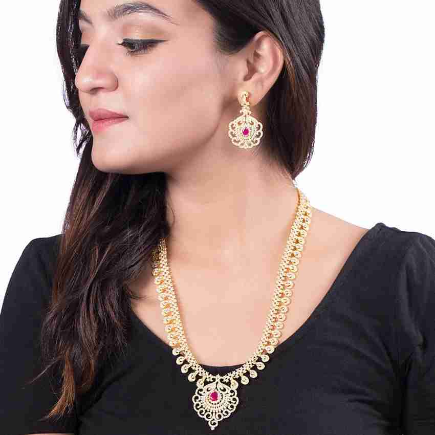 Voylla Designer Meenakshi CZ Haram Necklace Set Cubic Zirconia Gold plated Plated Brass Necklace Set Price in India Buy Voylla Designer Meenakshi CZ Haram Necklace Set Cubic Zirconia Gold plated Plate...