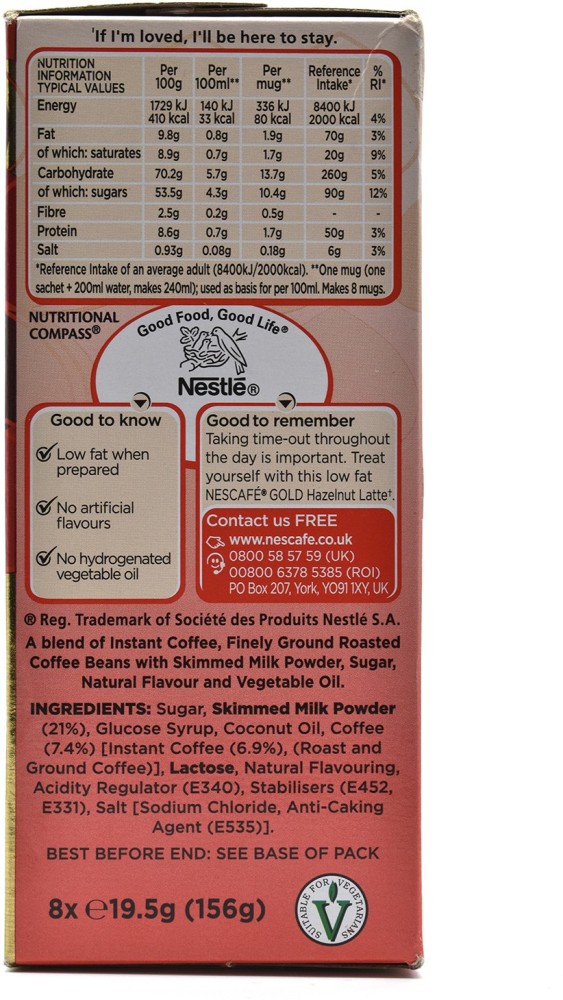 Nescafe Gold Hazelnut Latte, 8 Mugs - 156g (8x19.5g) Instant Coffee Price  in India - Buy Nescafe Gold Hazelnut Latte, 8 Mugs - 156g (8x19.5g) Instant  Coffee online at