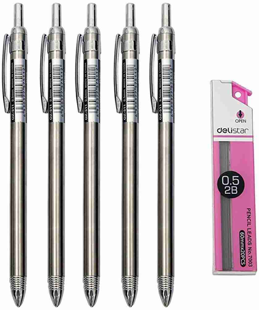 Asint Mini Mechanical Pencil - 0.5 mm set of 4 - Silver,  Pink,Yellow,Blue With Pencils lead 0.5mm one box & Clutch Eraser pen  (OZ-505) Pencil - MECHANICAL PENCIL